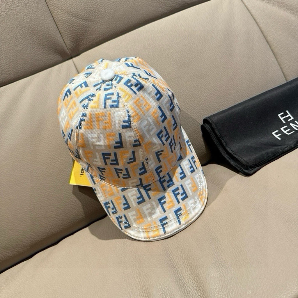 Fendi baseball cap with white FF monogram pattern in blue and yellow, curved brim
