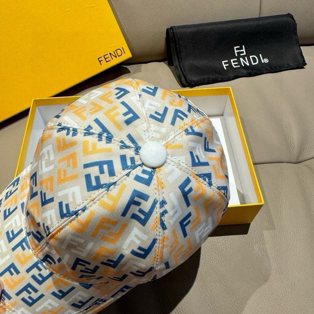 Fendi baseball cap with white FF monogram pattern, top button and curved brim