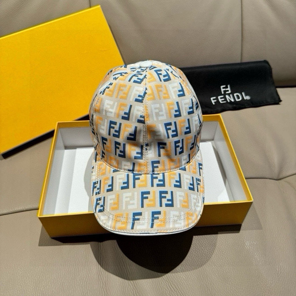 Fendi baseball cap with white, blue and yellow FF monogram print, curved brim