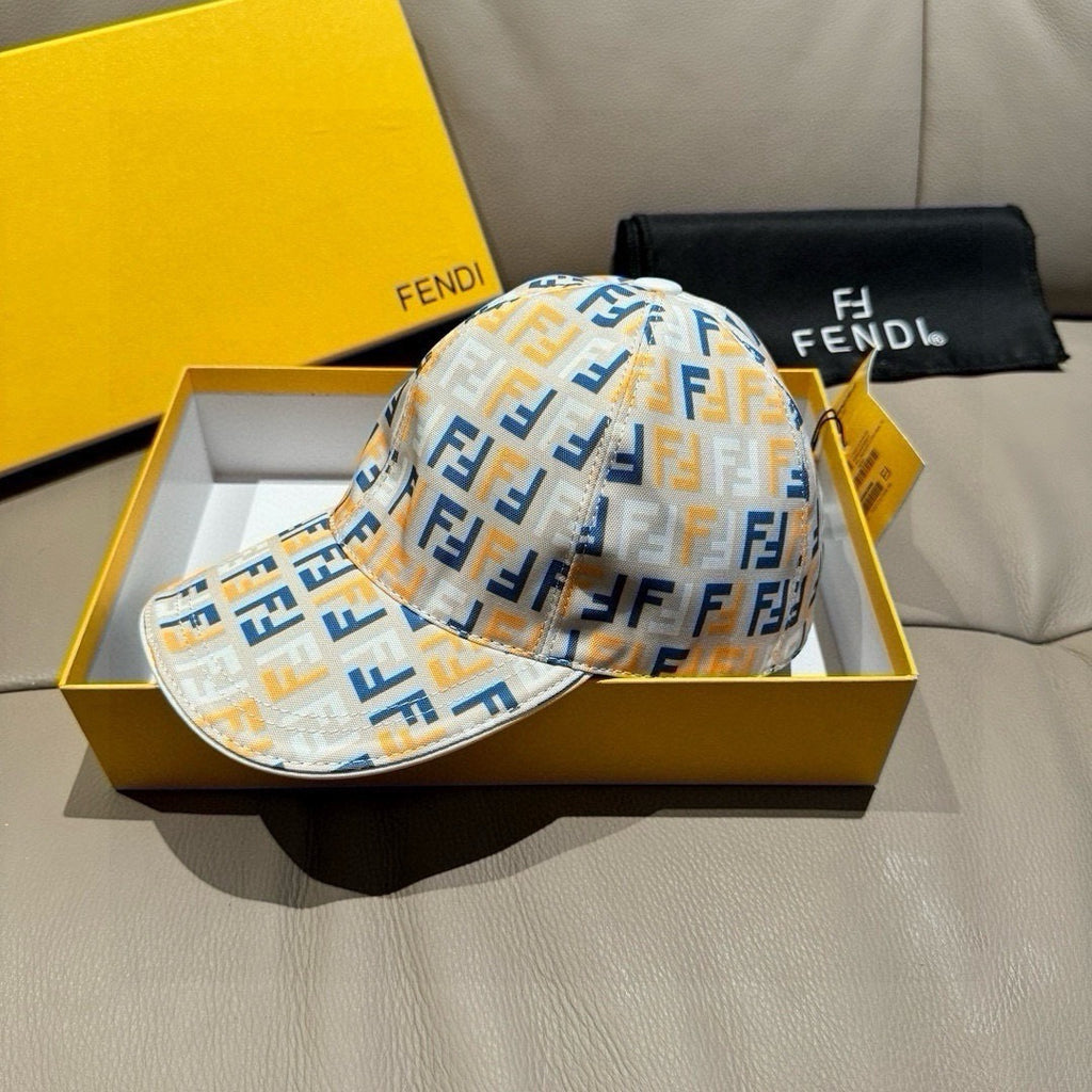 Fendi baseball cap with white base and blue/yellow FF logo print, side view