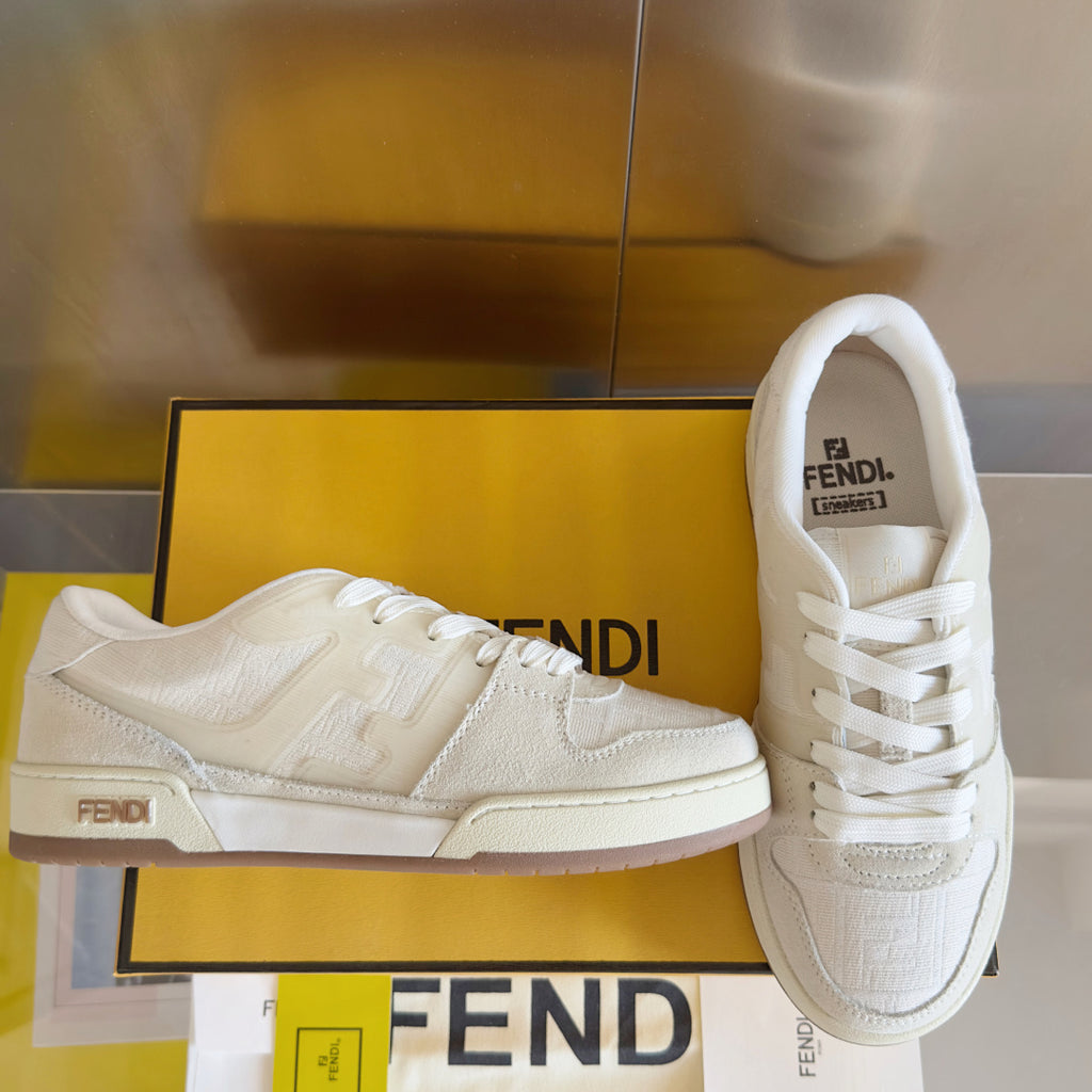 Cream low-top lace-up sneakers with FENDI logo on side and tongue