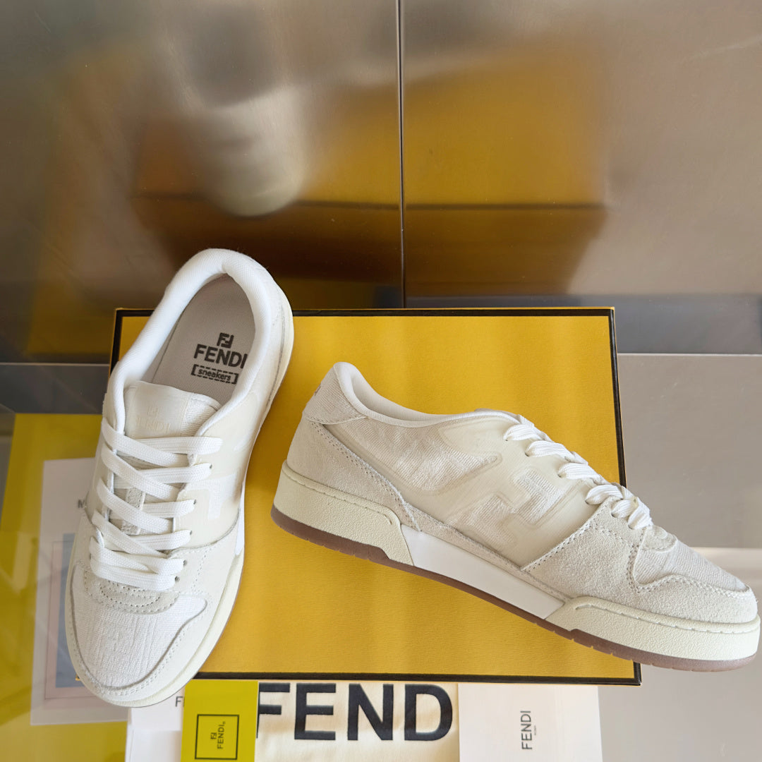 Pair of cream low-top lace-up sneakers with FENDI logo heel and side