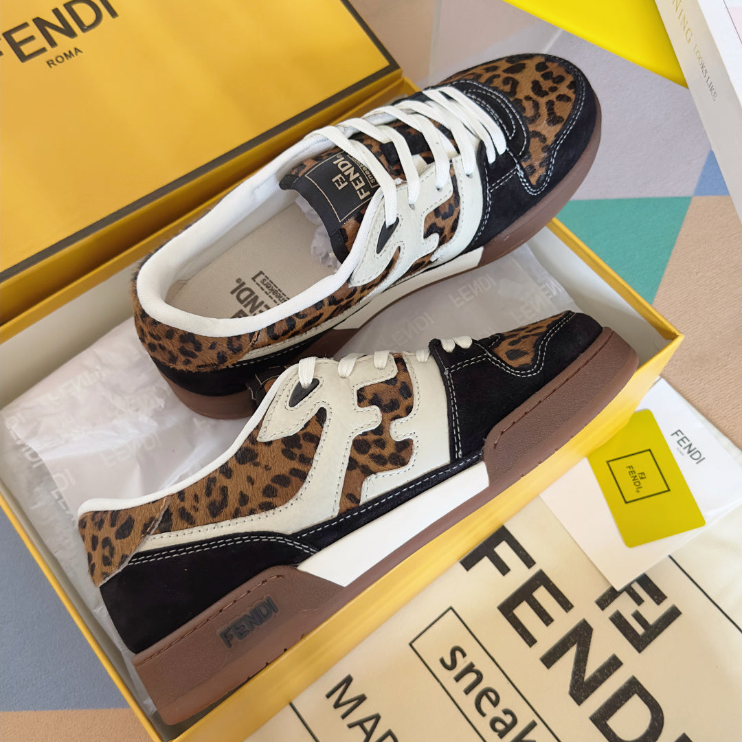 Fendi unisex sneakers, leopard print and dark navy with white laces and tan-brown sole