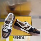 Unisex Fendi sneakers in dark navy with leopard print, white trim, and cushioned sole