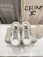 Golden Goose sneakers, white leather with gray glitter side stripe and fuzzy lining