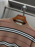 Brown crew-neck knit sweater with thick black-and-white horizontal stripes