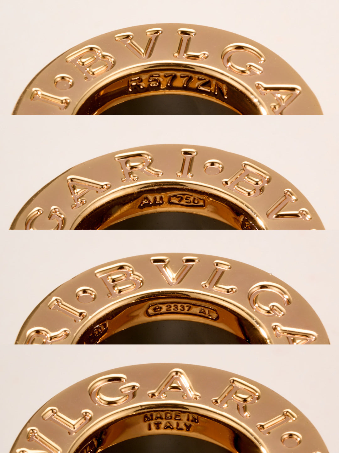 Bvlgari gold-tone engraved ring pieces with decorative lettering and inner markings
