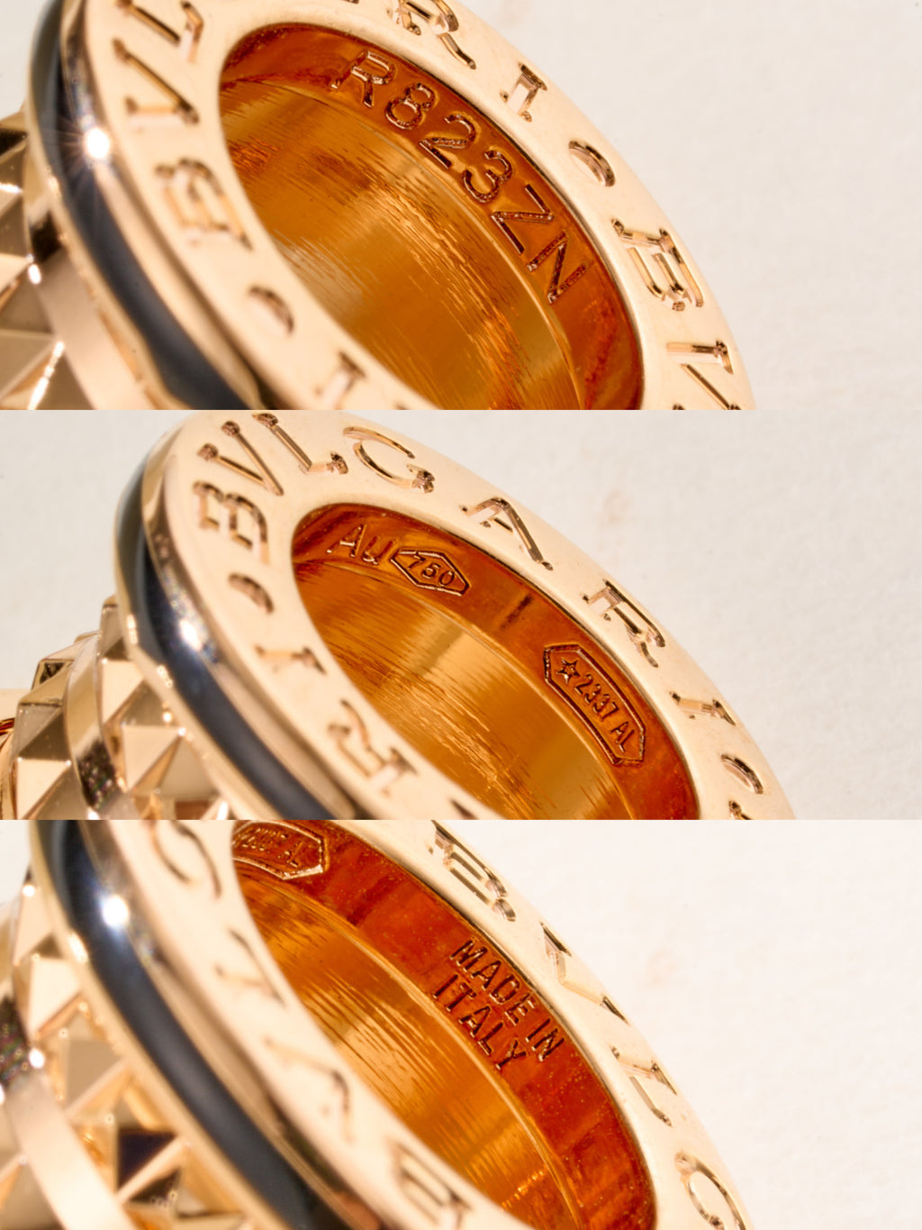 Bvlgari gold-tone engraved pendant close-up with etched lettering and amber inset
