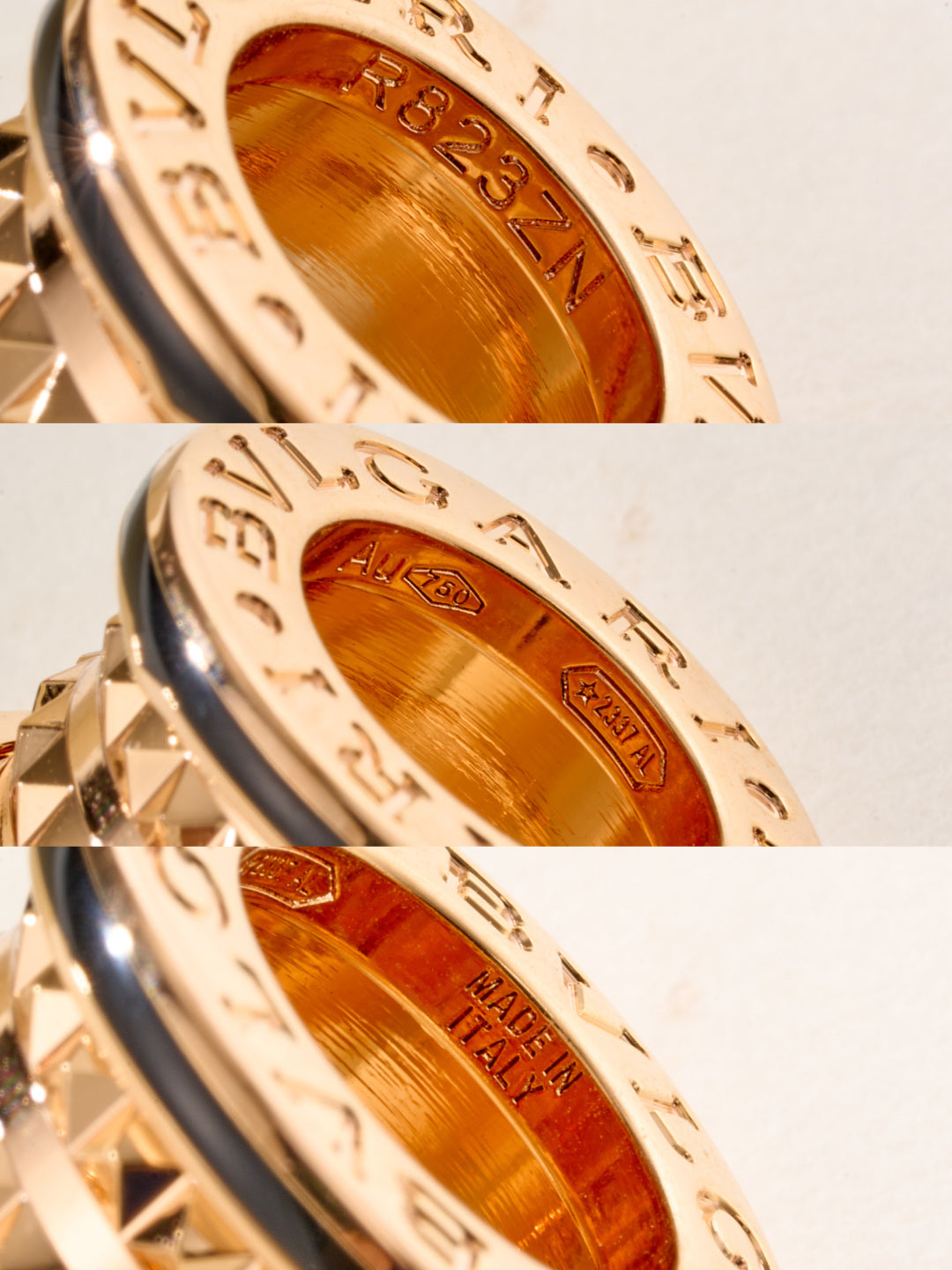 Bvlgari gold-tone engraved pendant close-up with etched lettering and amber inset
