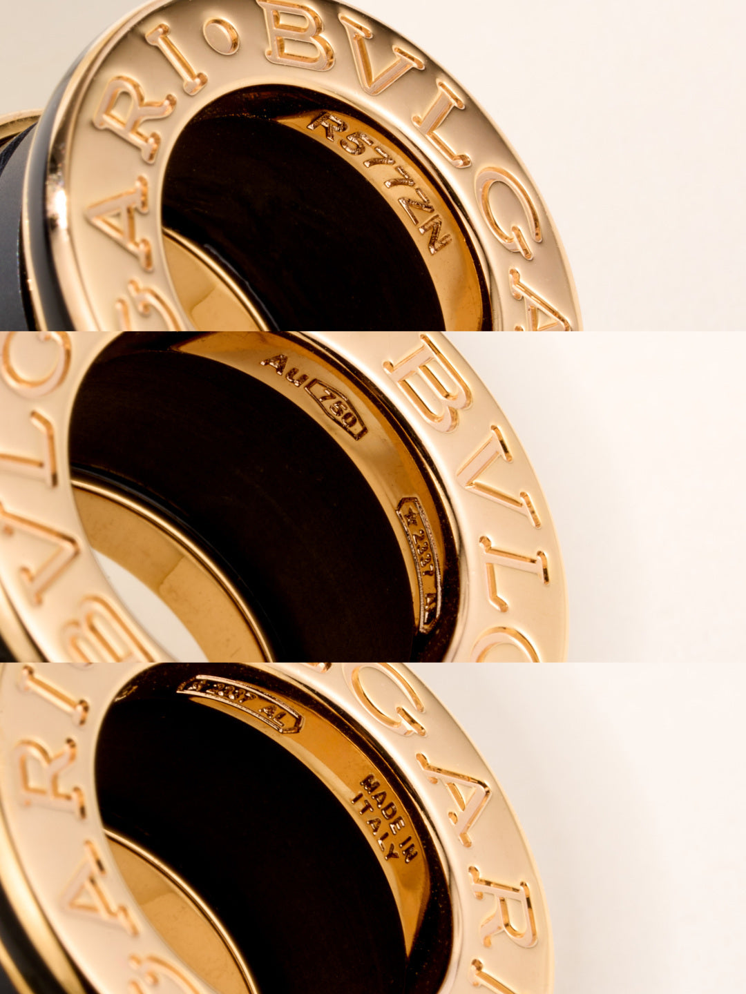 Gold-tone Bvlgari circular pendant close-up with black center enamel and engraving