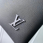 Men's Louis Vuitton bag front logo, silver LV emblem on dark blue textured leather