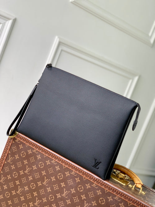 Men's Louis Vuitton leather bag, dark blue with LV logo and black zipper pull
