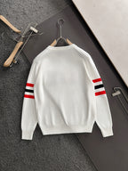 White crewneck sweatshirt back view with red/black/white striped sleeves