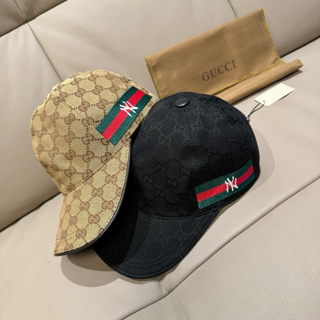 Gucci cap pair: beige and dark GG canvas with green-red Web stripe and NY logo