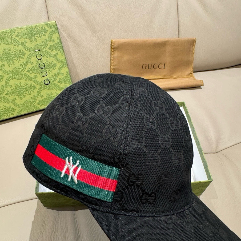 Black baseball cap with GG pattern and NY stripe on the front
