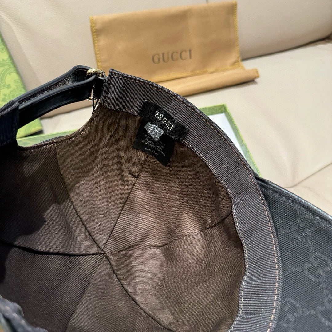 Black baseball cap interior with fabric lining and Gucci label
