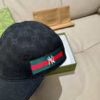 Black baseball cap with GG pattern and side stripe with white NY logo