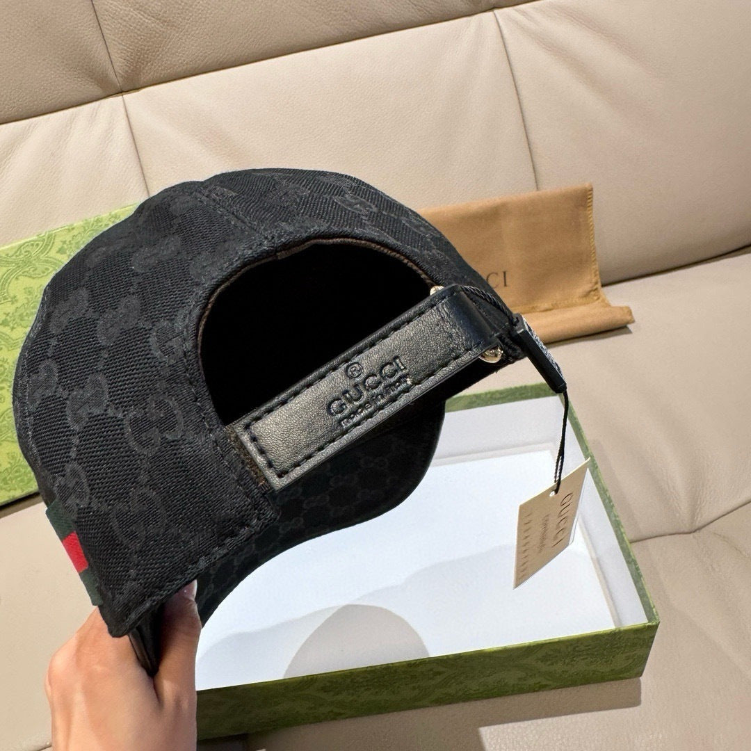 Black baseball cap interior view with stitched strap and Gucci label