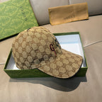 Gucci baseball cap in brown GG monogram canvas, side view with curved brim.