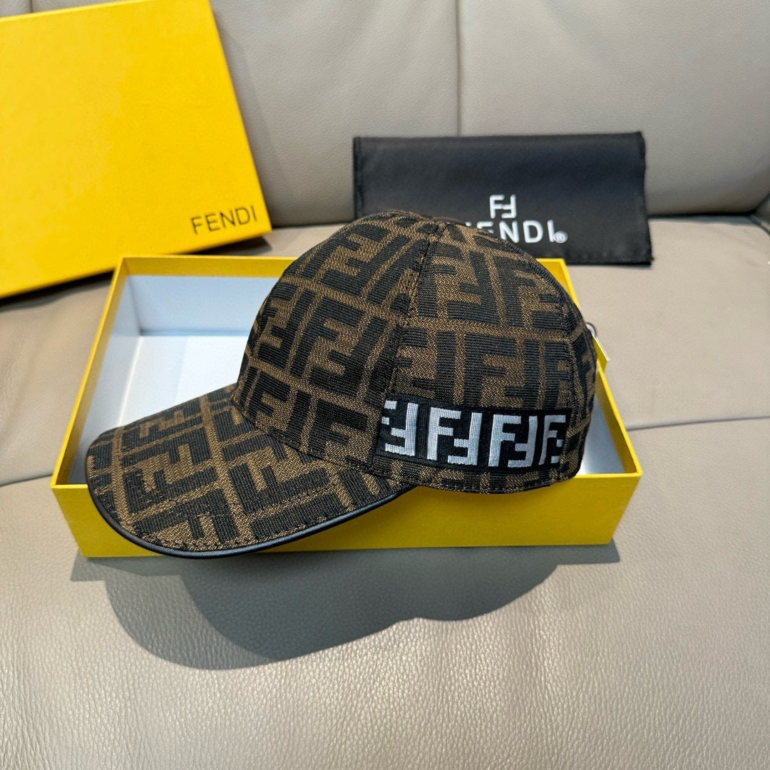 Fendi jacquard baseball cap with FF pattern, brown and dark tones, curved brim