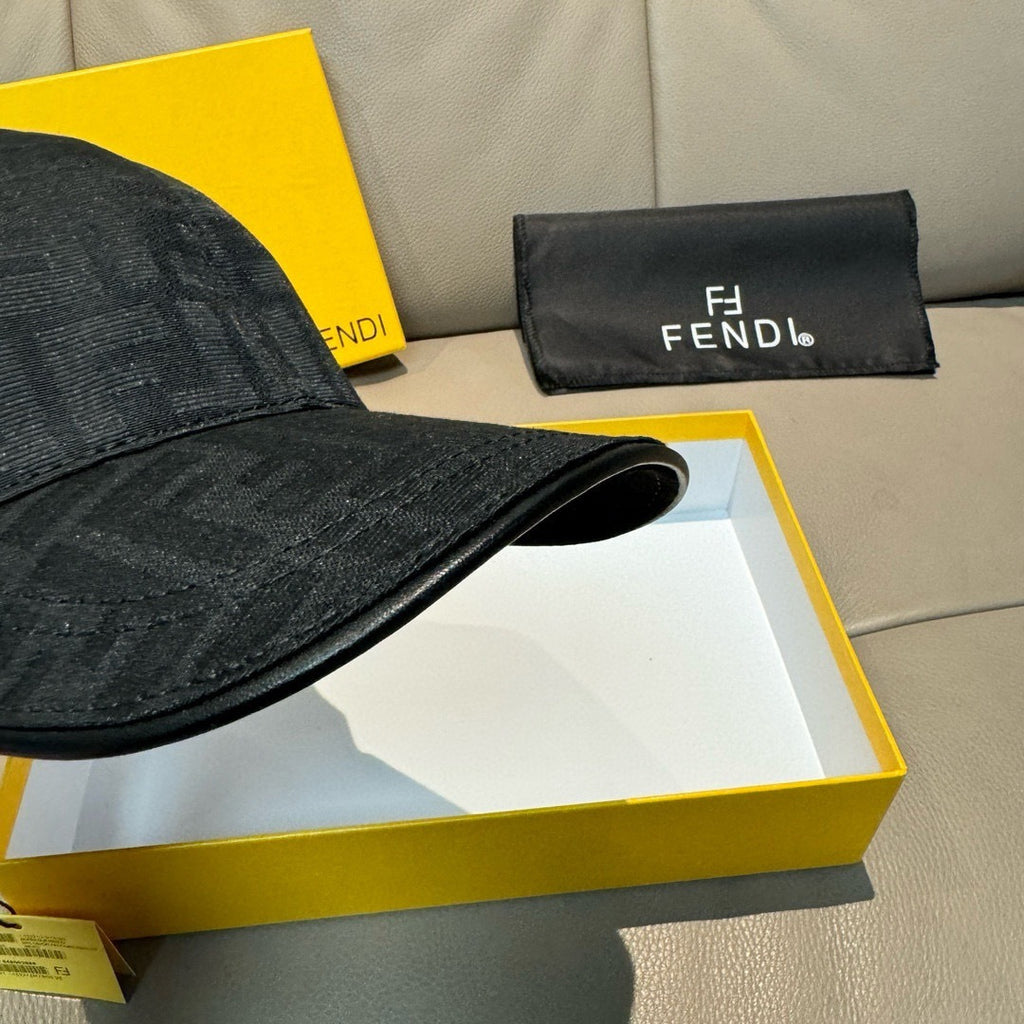 Fendi black baseball cap close-up of curved brim and textured fabric