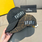 Fendi two-tone cap with black front, brown FF pattern back, logo band
