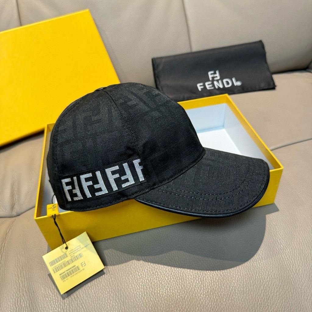 Fendi black logo baseball cap with curved brim, tag attached