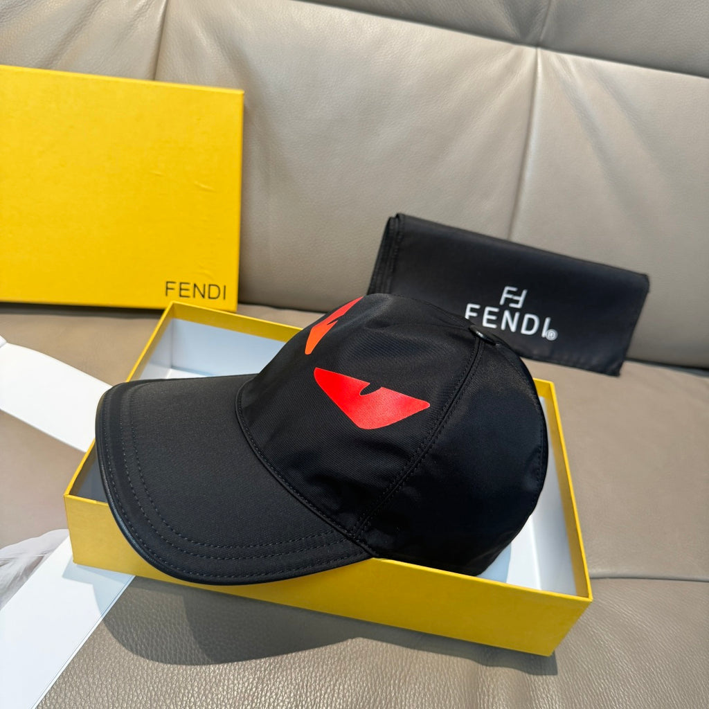 Fendi cap in black with red logo graphic on front, curved brim.