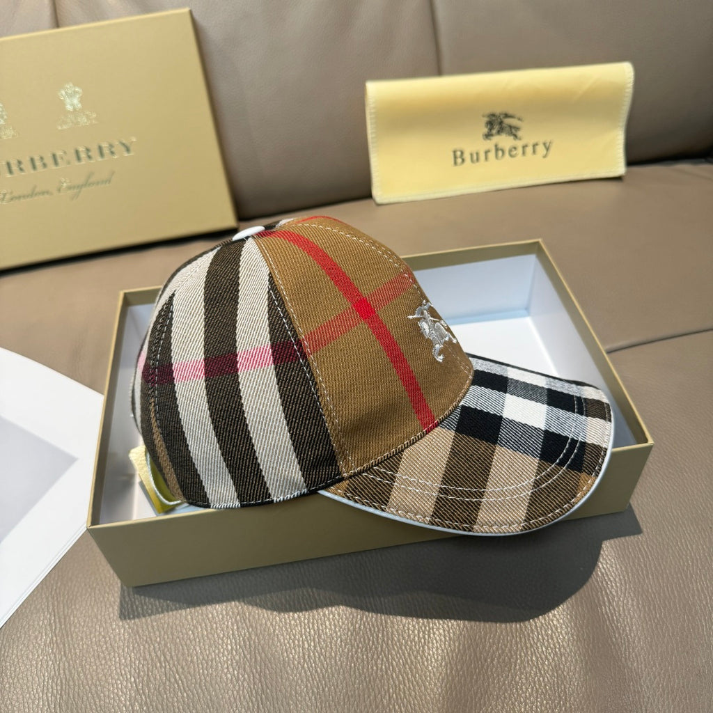 Burberry cap with multi-color plaid crown and checkered brim, horse emblem visible.