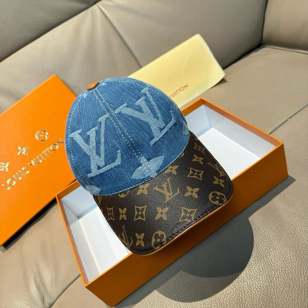 Denim baseball cap with LV monogram print, blue wash, tan button detail