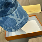 Louis Vuitton denim cap brim and crown seam detail with blue monogram print