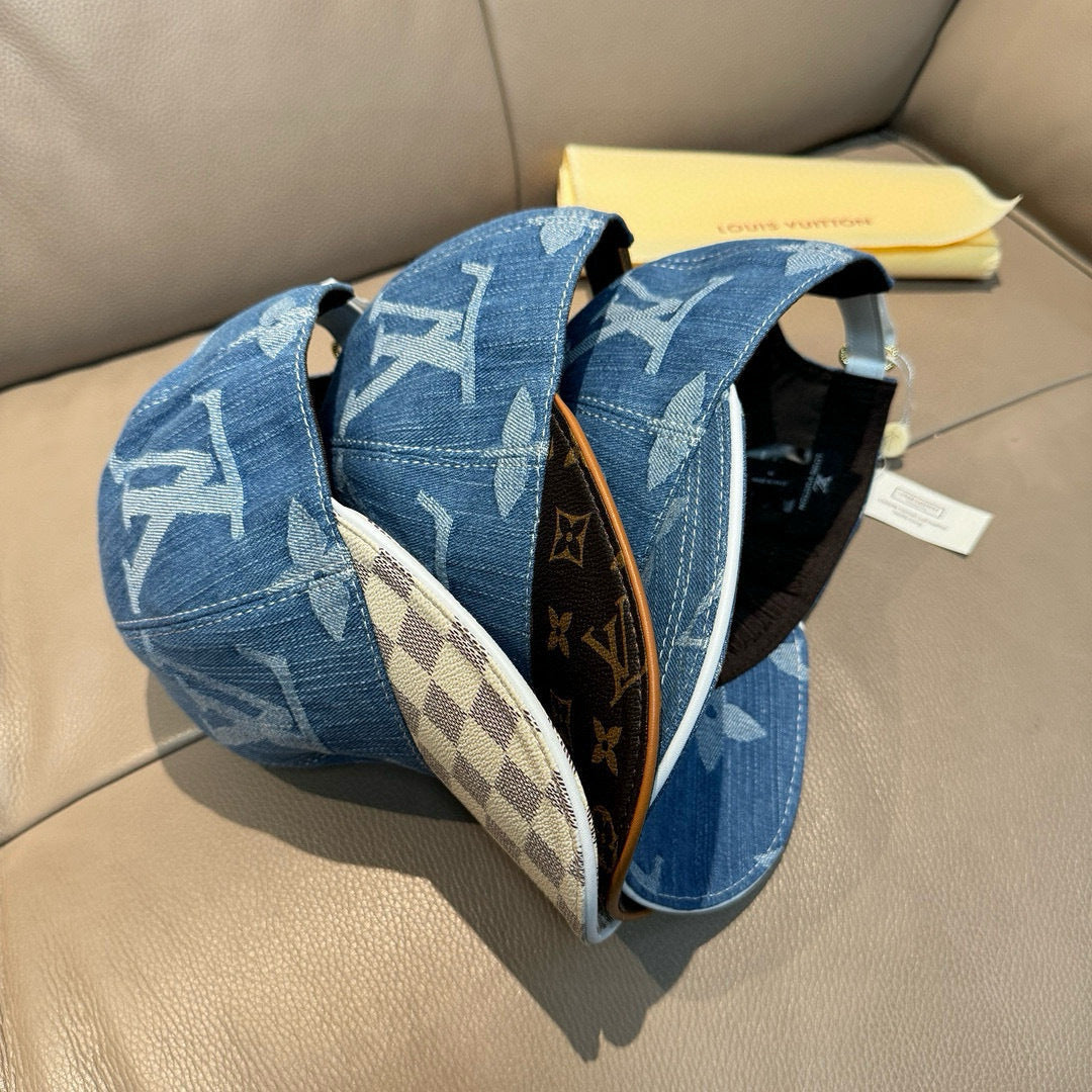 Louis Vuitton denim cap with blue monogram and beige patterned inner band