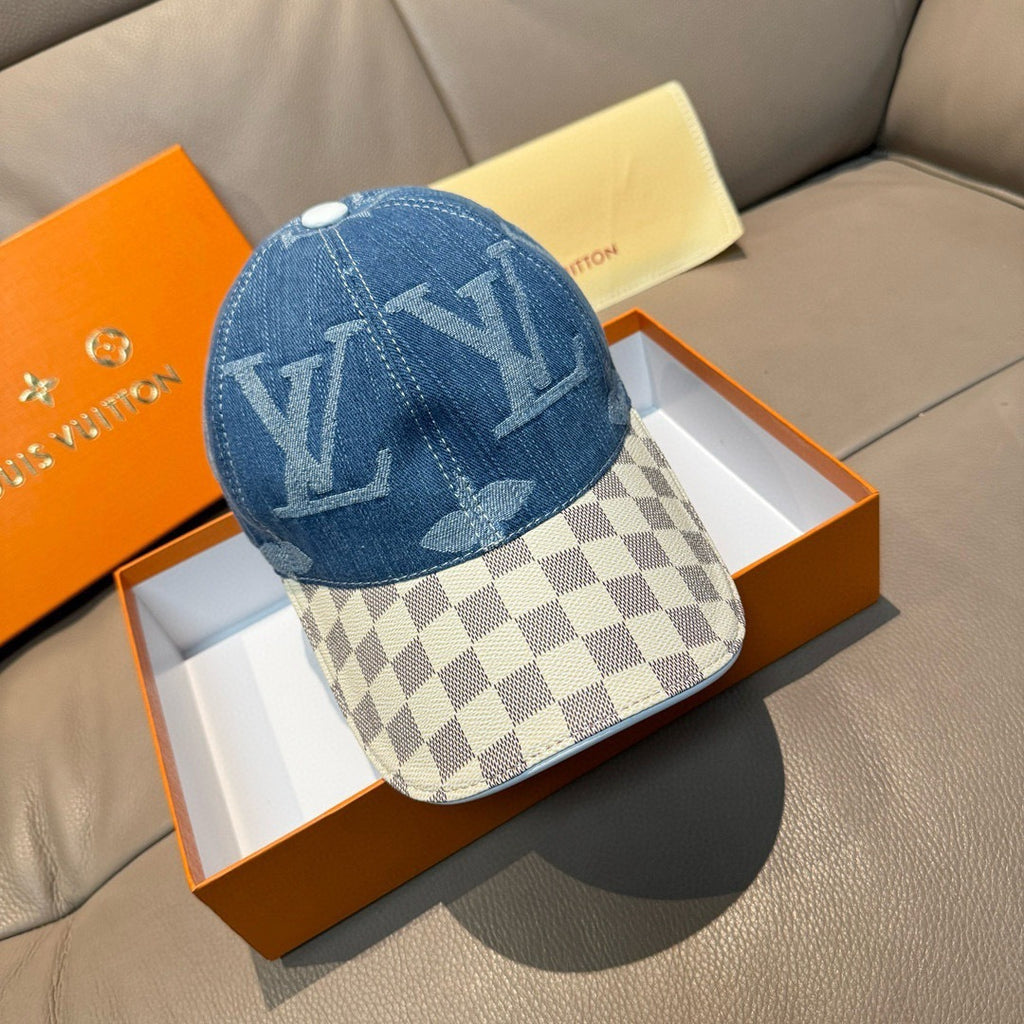 Louis Vuitton denim baseball cap with blue monogram print and checkered brim