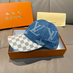 Louis Vuitton denim baseball cap with blue monogram logo and checkered visor