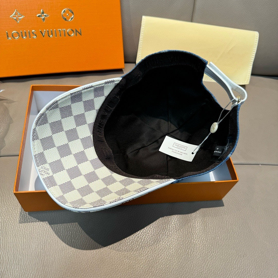 Louis Vuitton cap with checkered brim, black interior lining, and light trim