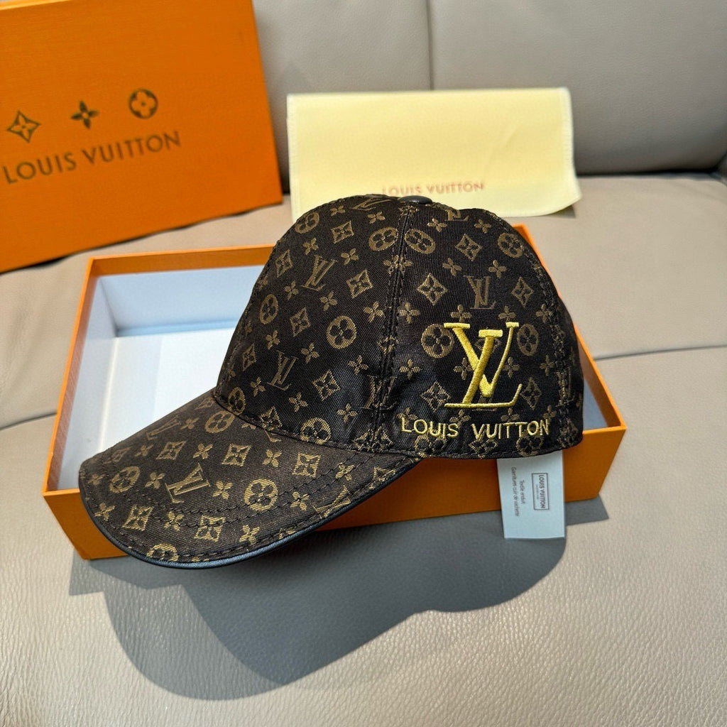 Dark monogram baseball cap with gold Louis Vuitton emblem