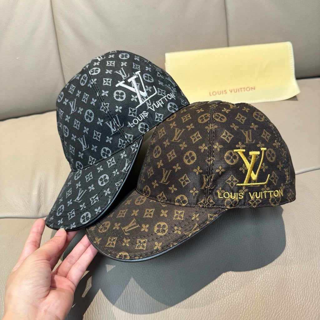 Set of two monogram baseball caps, dark brown and black with gold accents