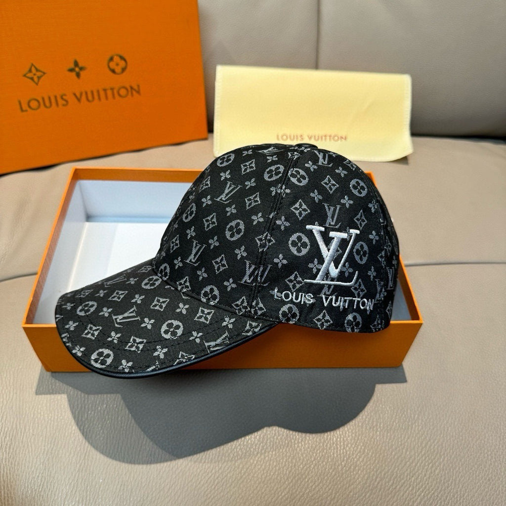 Monogram baseball cap, black with repeated logo pattern and curved brim