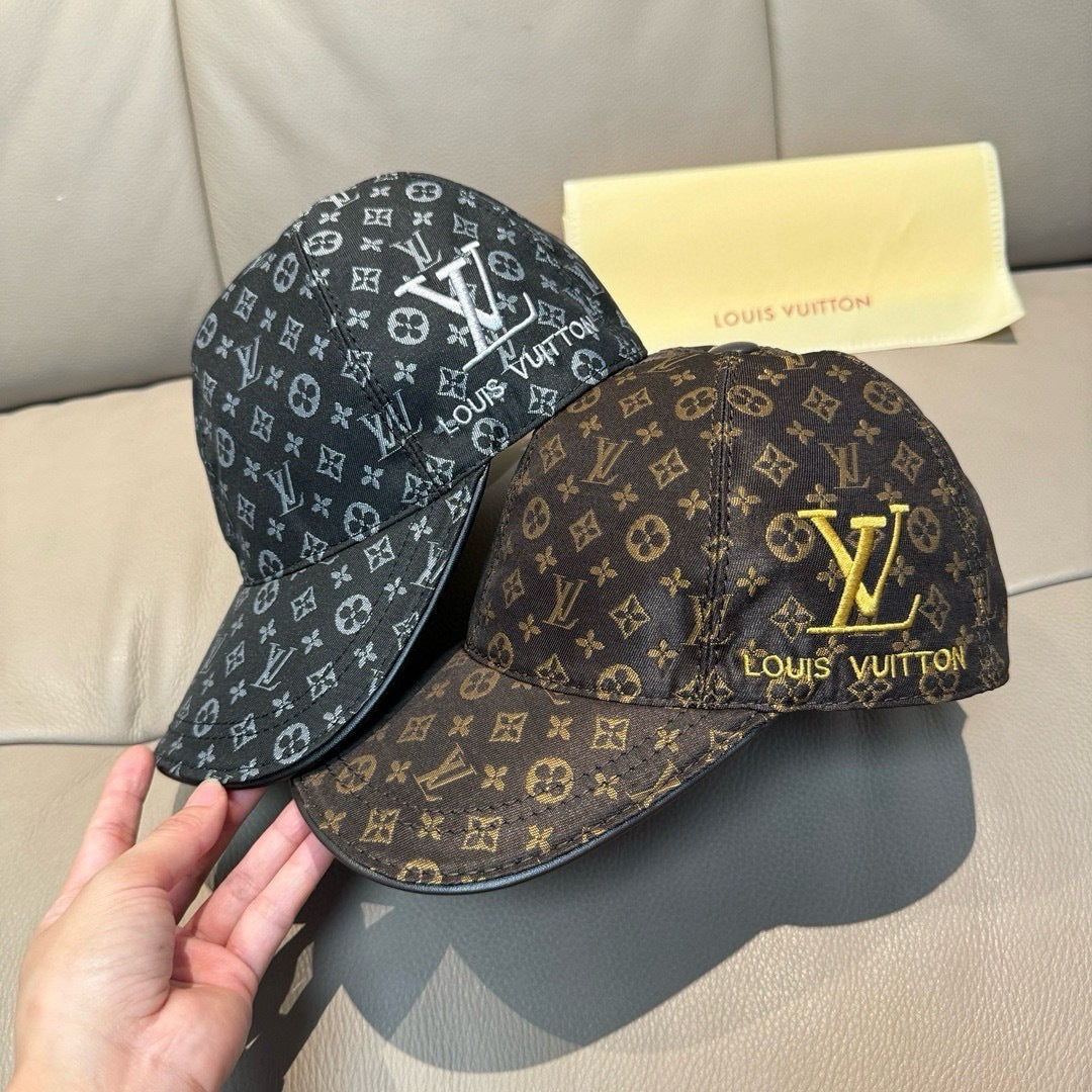 Monogram baseball caps, one black and one brown with allover logo pattern