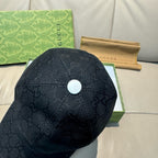 Gucci cap top view with white button detail and dark GG monogram pattern.