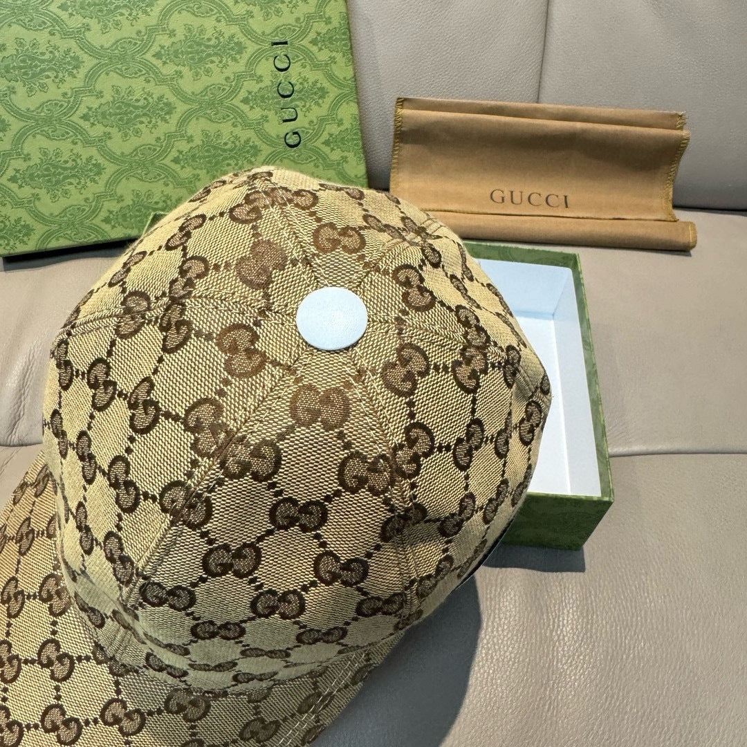 Beige GG-pattern baseball cap rear view with circular button on top.