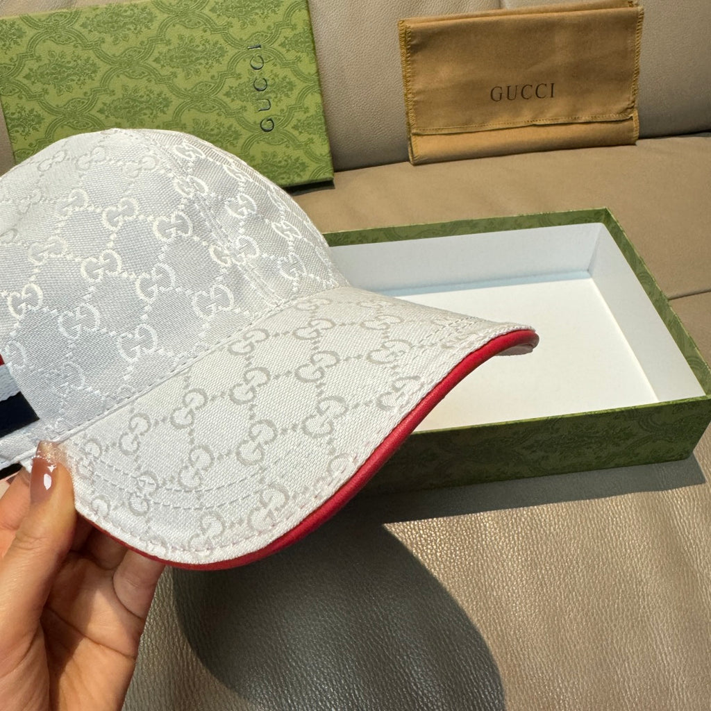 Gucci baseball cap, white jacquard with red trim along brim edge