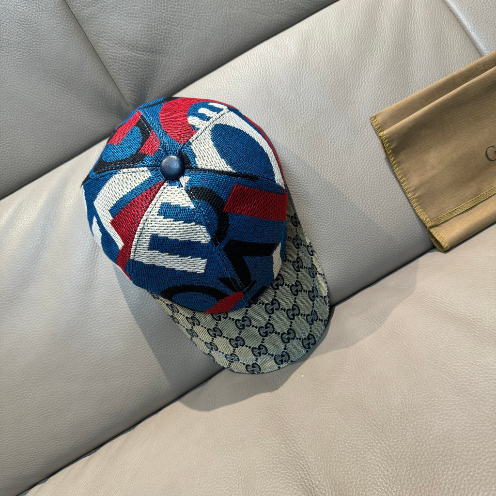 Gucci cap with multicolor knit crown and GG monogram brim, side view