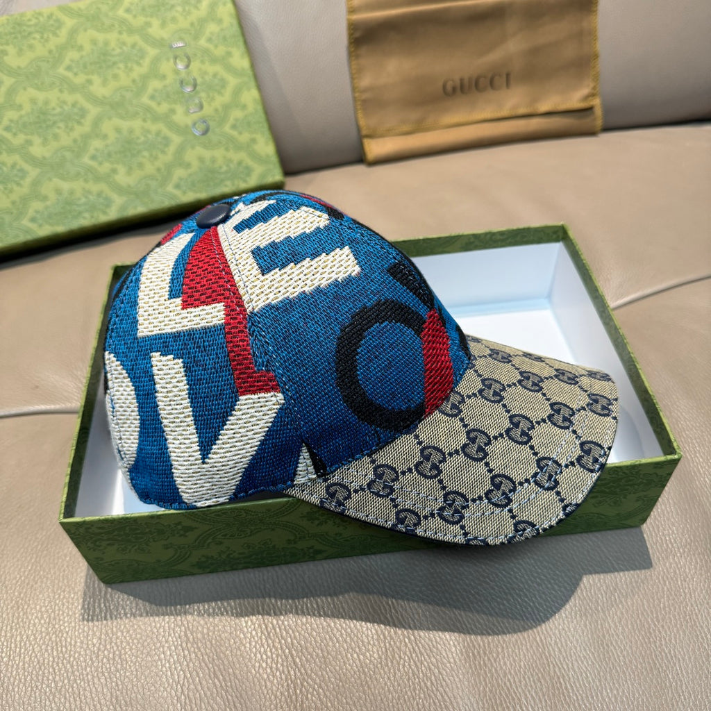 Gucci cap with multicolor knit crown and GG monogram brim, angled