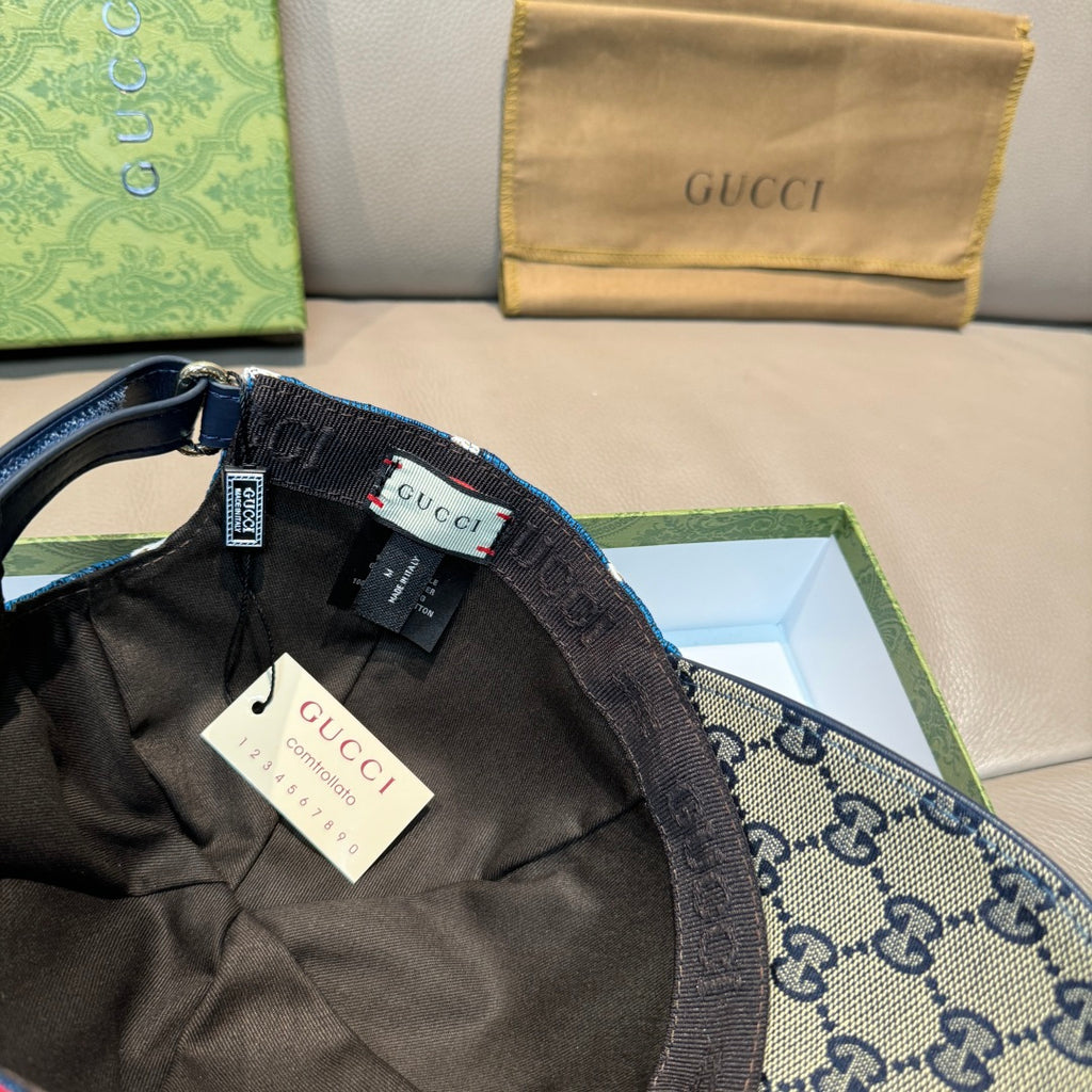 Gucci cap interior with adjustable strap and logo patch on GG canvas brim