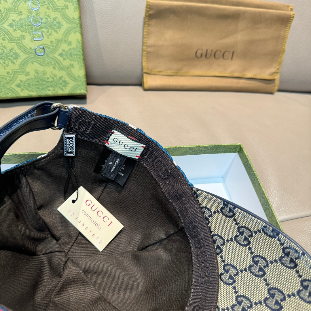 Gucci cap interior with adjustable strap and logo patch on GG canvas brim