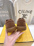 Fendi unisex brown suede sneakers, back view with embossed heel logo