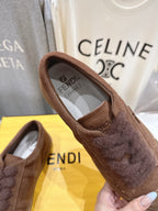 Fendi unisex brown suede slip-on shoe with fuzzy lining near toe
