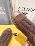 Fendi unisex brown suede slip-on shoe with fuzzy toe detail
