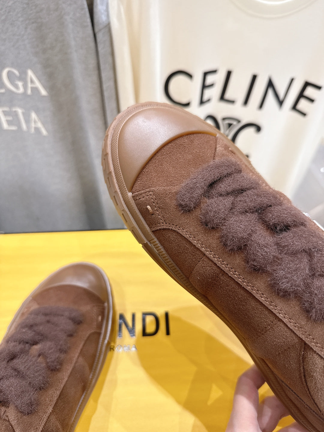 Fendi unisex brown suede slip-on shoe with fuzzy toe detail